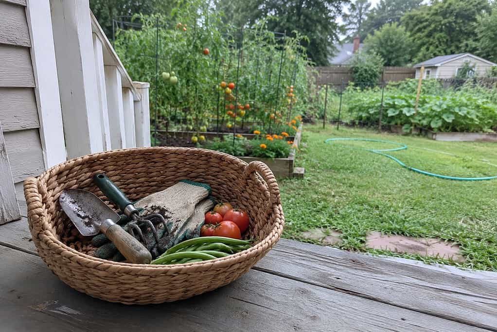 A woven basket of garden tools, gloves, tomatoes and green beans on a back porch beside a vegetable garden