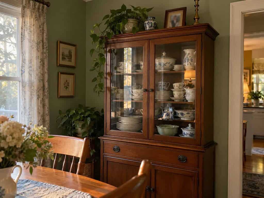 A wooden china cabinet with glass doors holding pretty dishes, teacups, and serving bowls in a dining room.