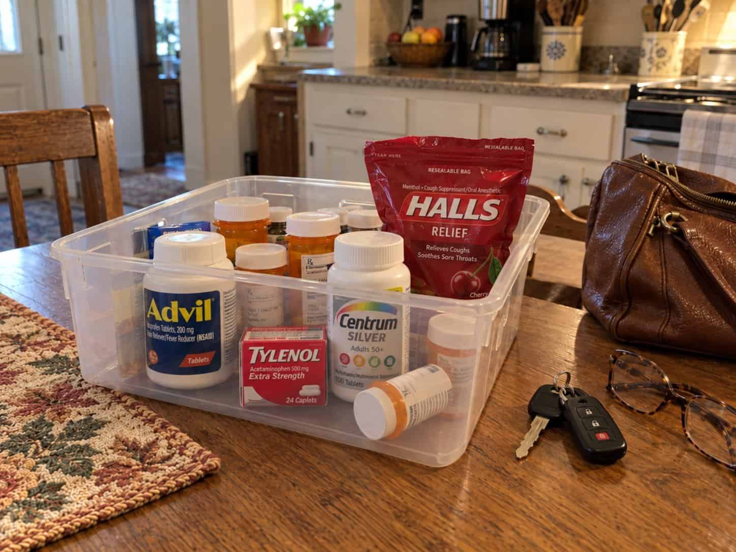 A clear bin of prescription bottles, Advil, Tylenol, Centrum and Halls on a kitchen table beside a purse, keys and glasses