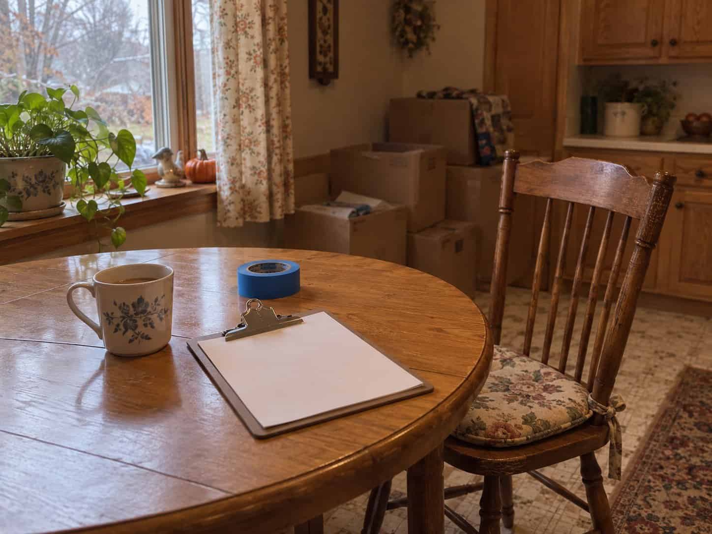 A clipboard with a blank sheet, a roll of blue painter's tape and a mug of coffee on a round kitchen table by a window