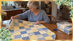 A woman in her 60s at a kitchen table unfolding a blue and yellow quilt top beside a clear bin of fabric