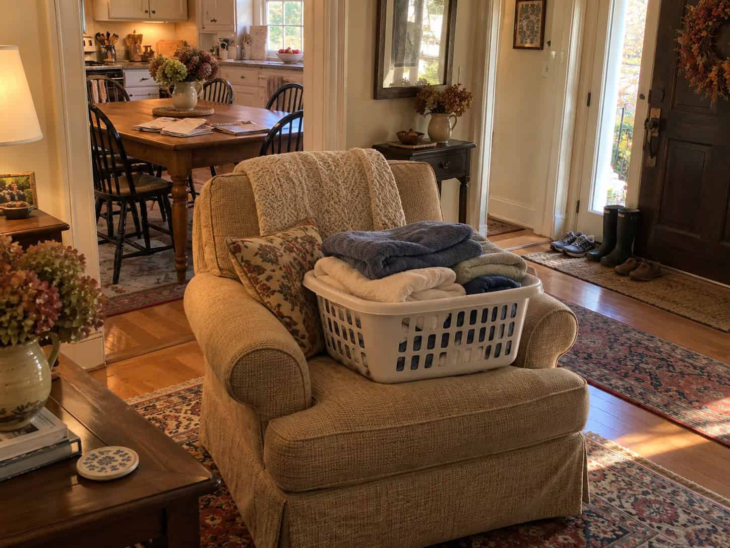 White laundry basket of folded towels sitting on a beige armchair, with mail on the kitchen table and shoes and rain boots by the front door
