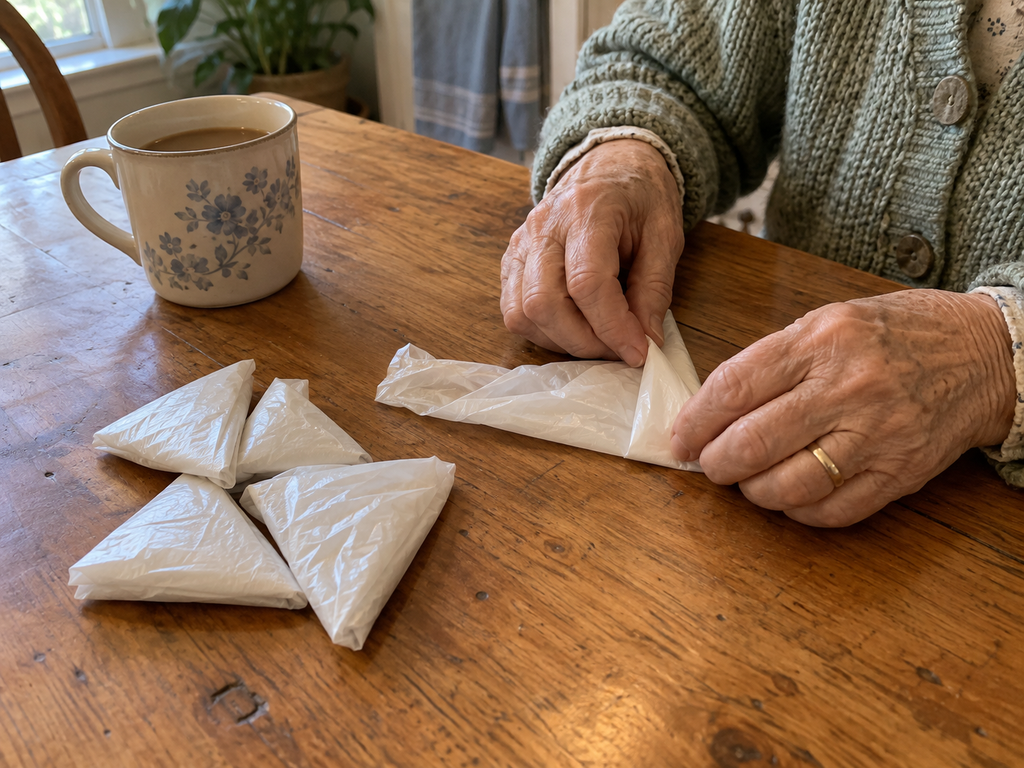 A woman's hands folding a plastic grocery bag into a small triangle at a kitchen table