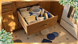 An open kitchen drawer overflowing with mismatched plastic food containers, with loose lids spilled onto the floor below