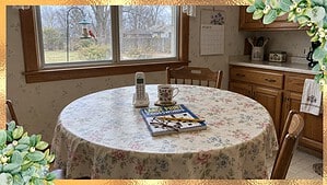 Cordless phone, coffee mug and a large-print crossword book in the middle of a kitchen table by a window with a bird feeder
