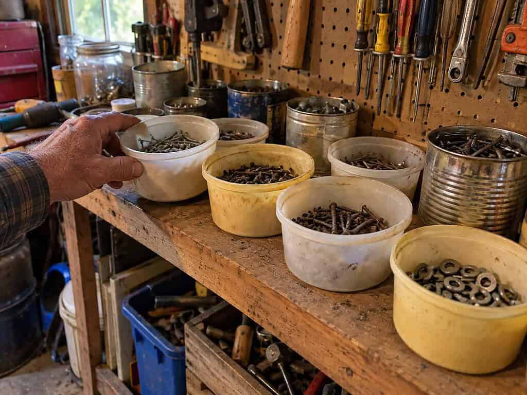 Old margarine tubs filled with screws, nails, and washers on a garage workbench shelf next to coffee cans of hardware