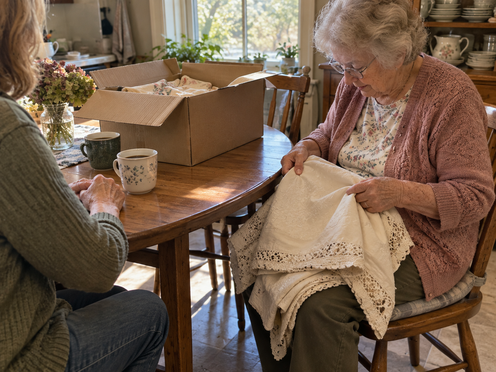 An older woman folding an old tablecloth at the kitchen table beside an open box and two cups of coffee.