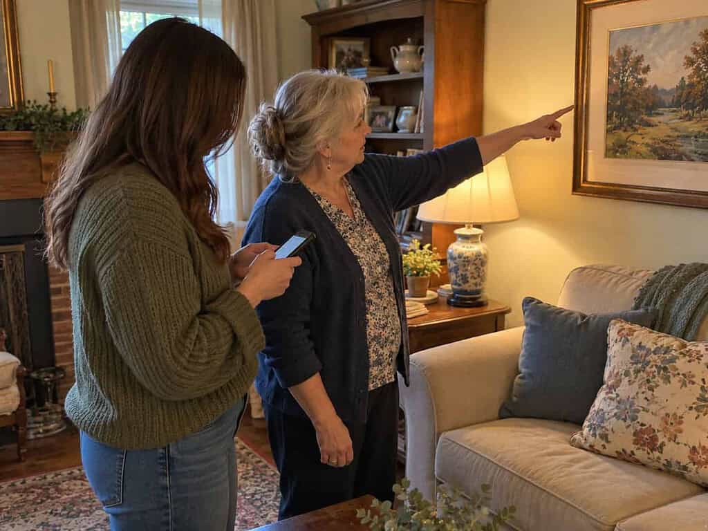 An older woman pointing at a painting on the wall while a young woman beside her takes notes on her phone.