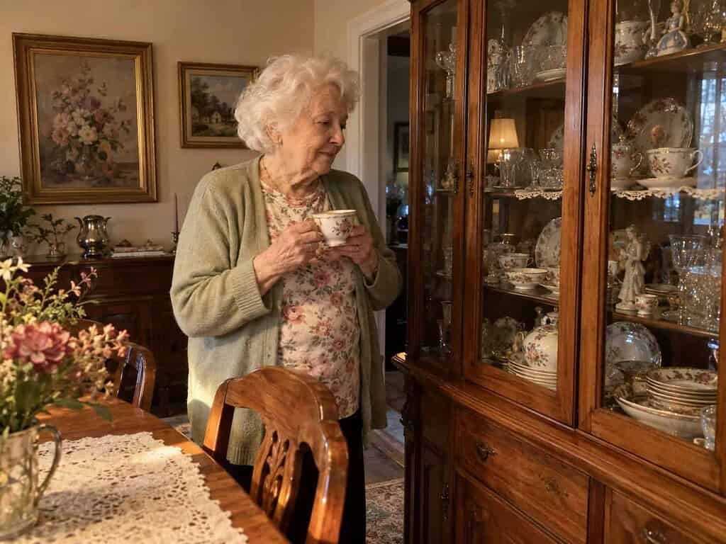An older woman holding a teacup beside a full china cabinet, with framed paintings on the wall behind her.