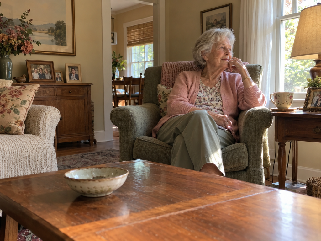 An older woman resting in an armchair with a cup of tea in a calm, tidy living room.