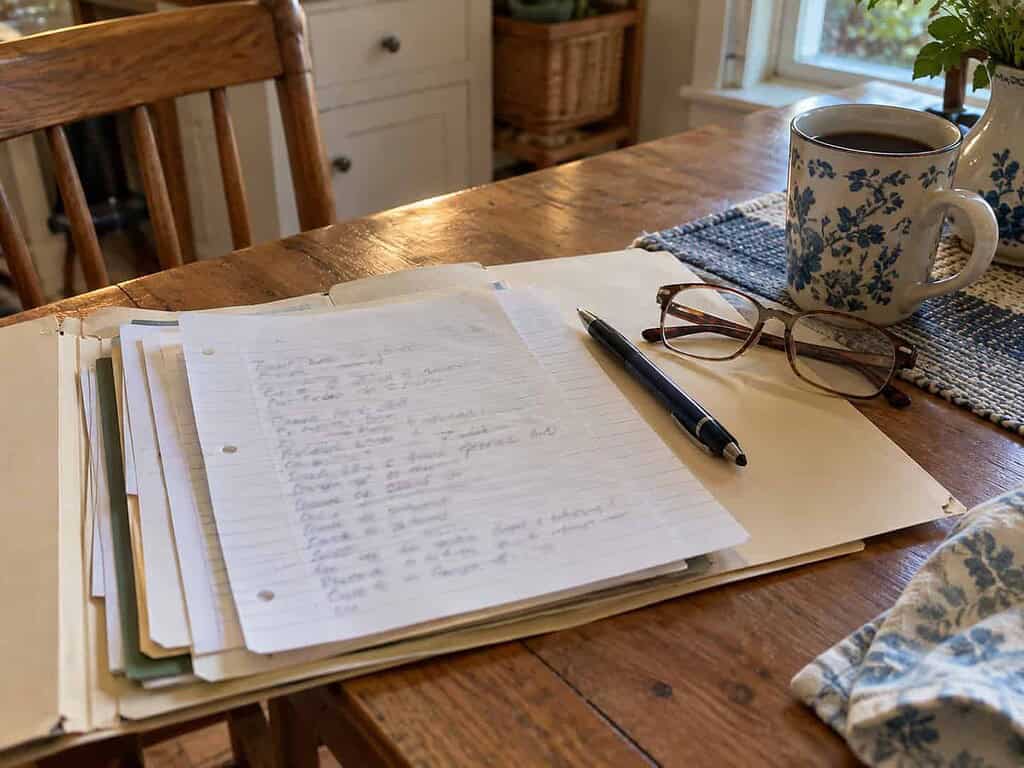A handwritten one-page list on top of an open folder of papers, with a pen, reading glasses, and a mug of coffee beside it.