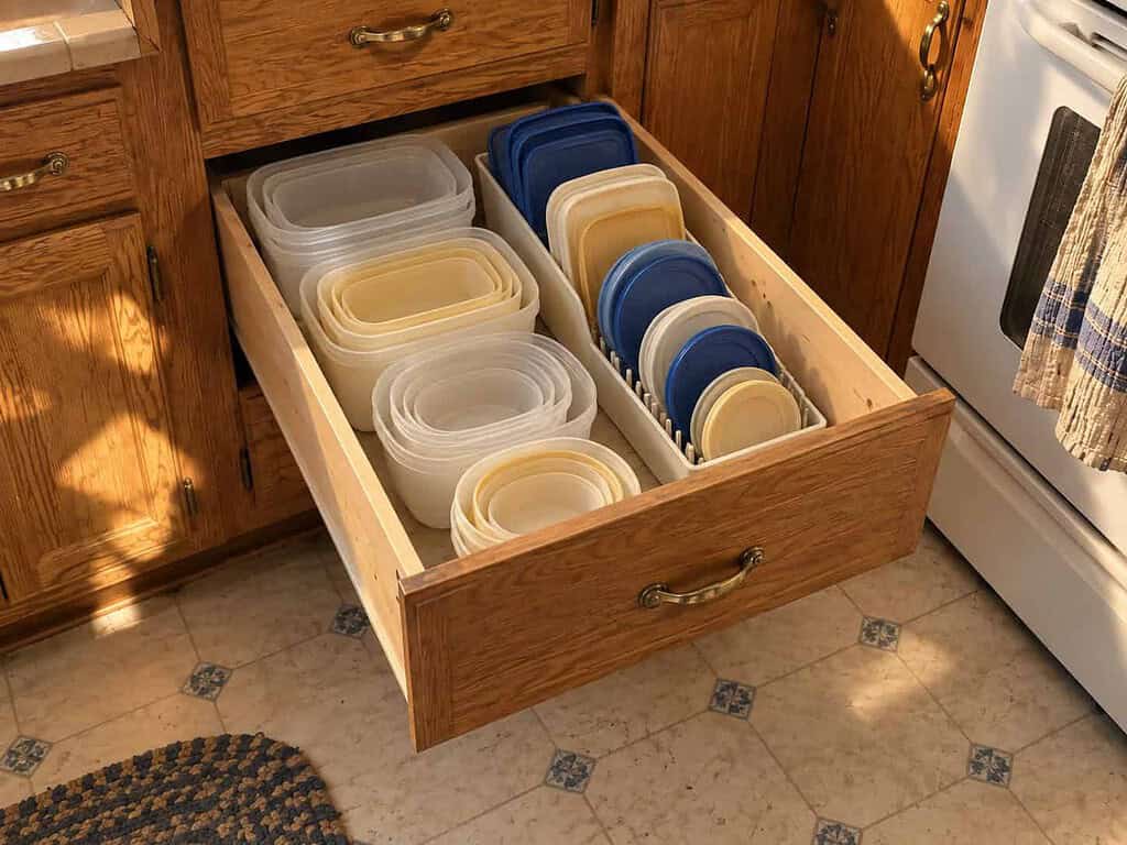 A tidy kitchen drawer beside the stove with plastic containers nested by size and lids standing upright in a small rack
