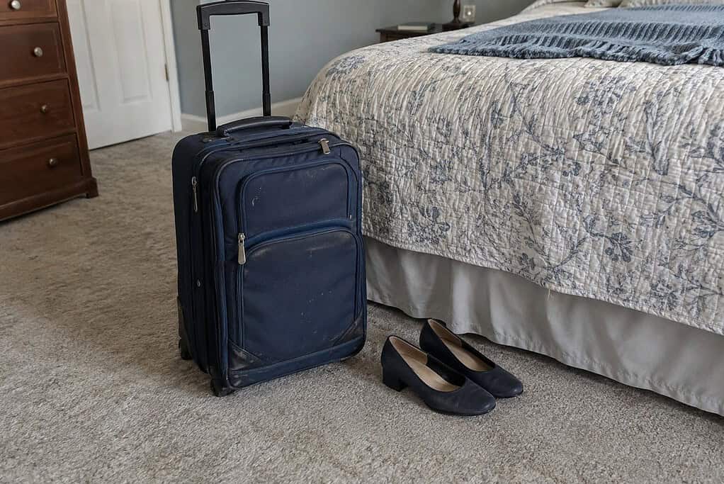 A scuffed navy rolling carry-on suitcase with its handle up beside a pair of navy low-heeled shoes at the foot of a bed