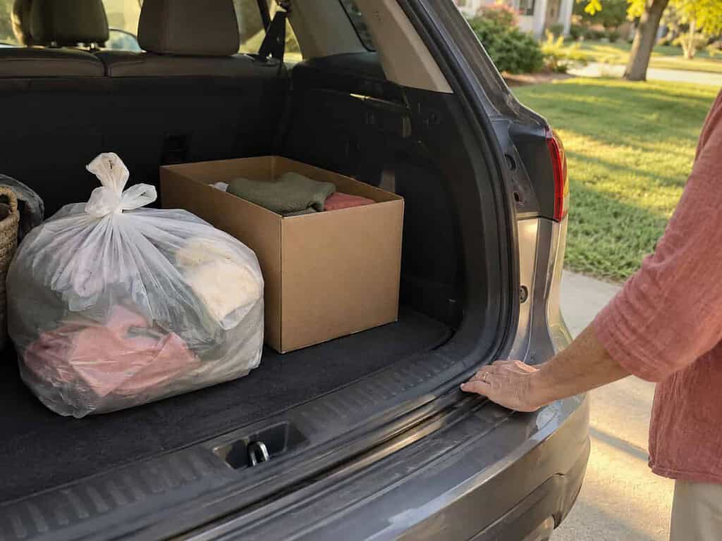 A small tied donation bag and a box in an open car trunk, with a woman's hand resting on the trunk lid.