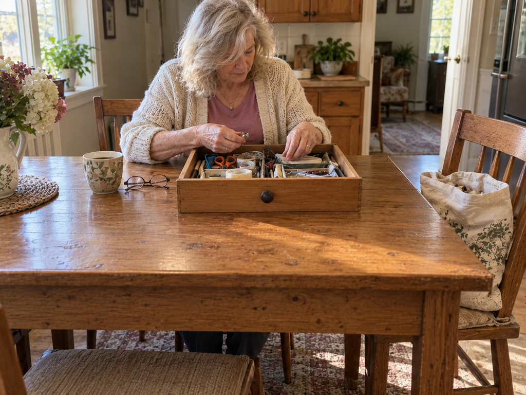 A woman in her 60s sorting a single kitchen drawer at the table, with a mug of coffee and reading glasses nearby.