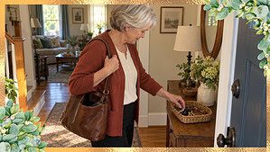 A woman in her 60s in a rust cardigan with a brown purse reaches into a woven basket of keys and glasses by the front door