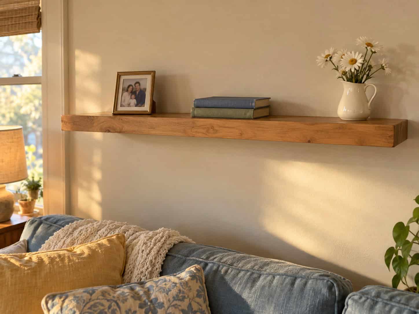 A wooden wall shelf holding only a framed family photo, two old books and a small pitcher of daisies