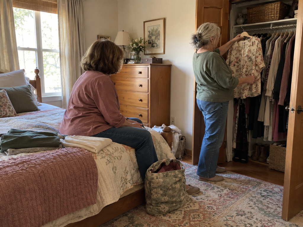 Two women going through a bedroom closet together, one holding up a blouse and the other sitting on the bed.