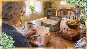 A woman in her 60s at a kitchen table holding a handwritten recipe card beside her mother's open tin recipe box and a loaf of banana bread