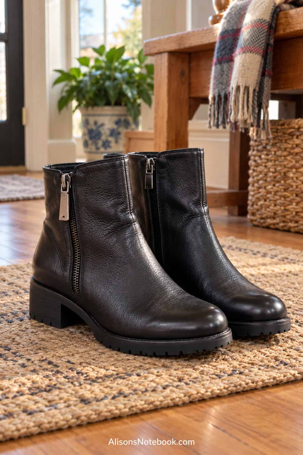 A pair of black leather ankle boots with a low block heel, side zip, and treaded rubber sole on a stone floor beside a wooden table.