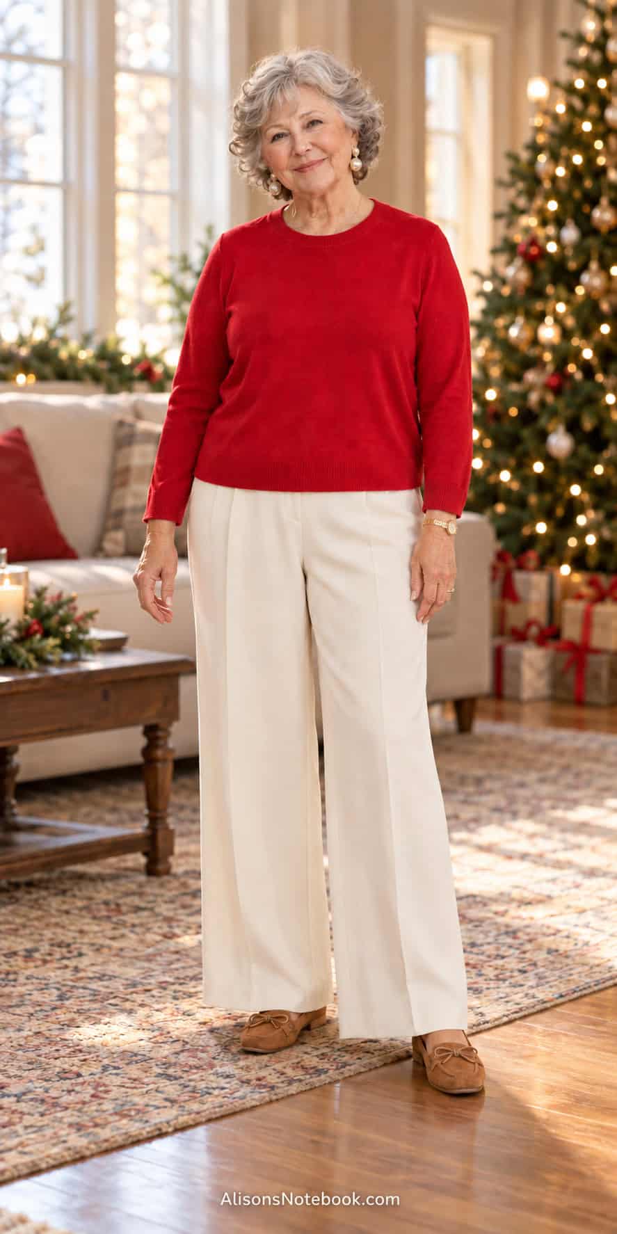 Woman around eighty with short curly silver hair wearing a red sweater, cream wide-leg pants, pearl drop earrings, and tan loafers in a living room on Christmas morning.