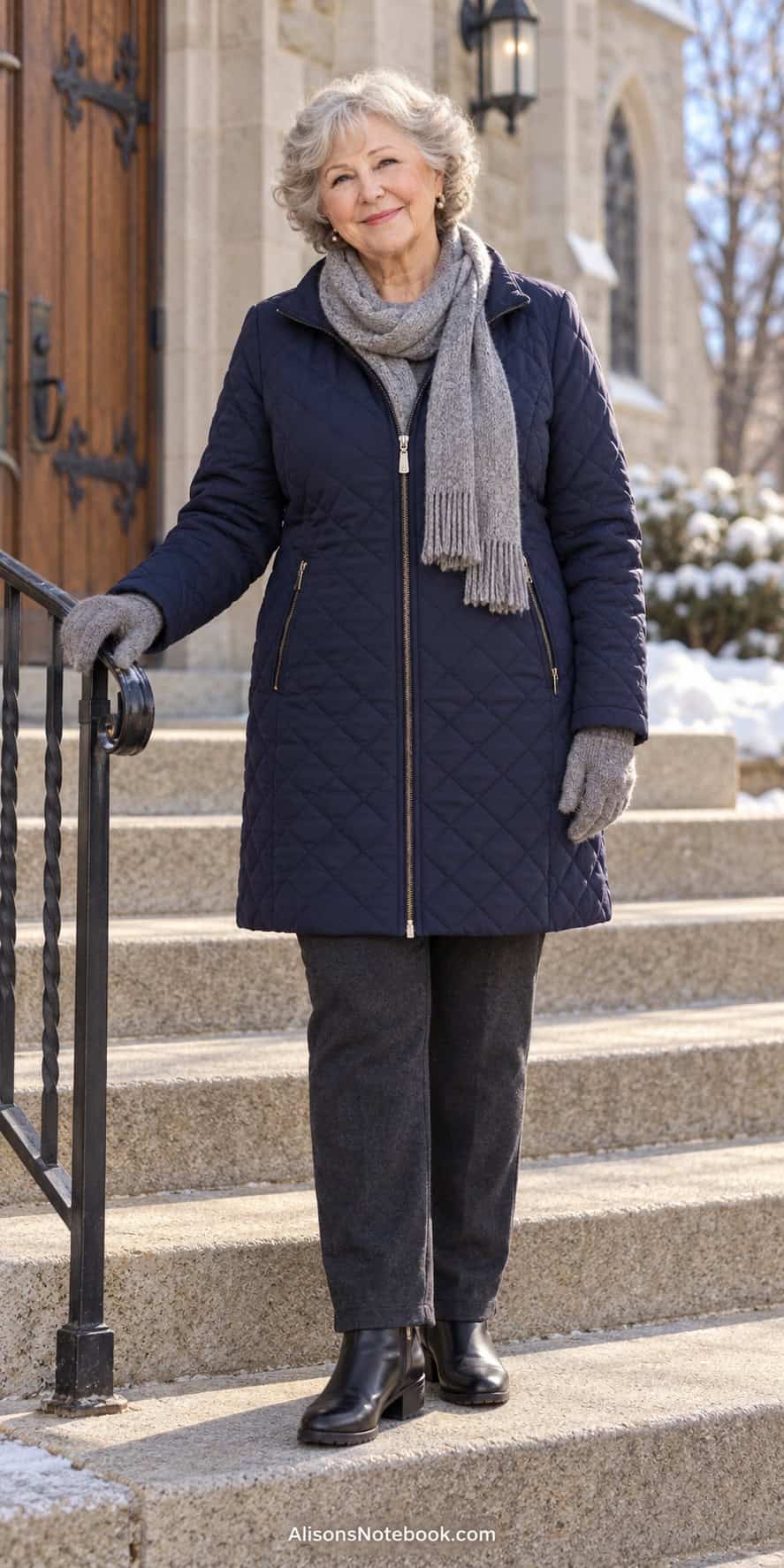 Woman around eighty with short curly silver hair in a navy quilted coat, gray scarf and gloves, charcoal pants, and black ankle boots, holding the railing on church steps.