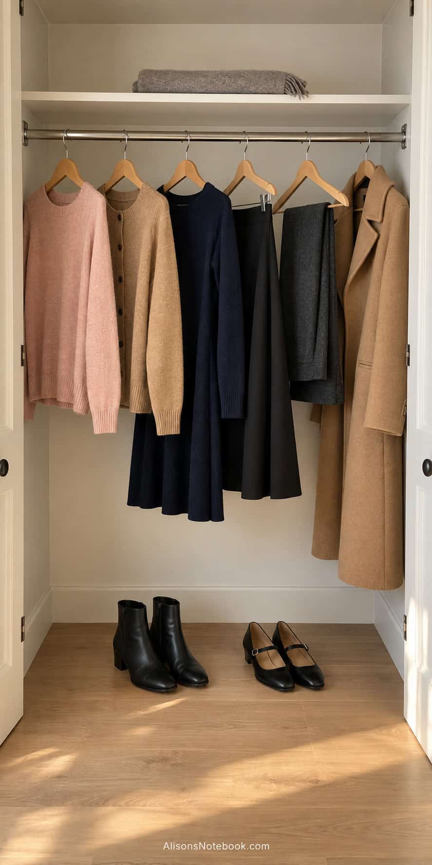 A tidy closet rail with a pink knit top, camel cardigan, navy knit dress, black skirt, charcoal pants, and camel coat, with ankle boots and Mary Janes below.