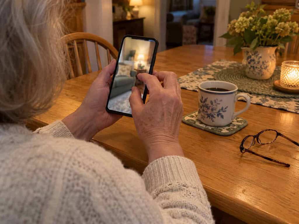 A woman in her 60s zooming in on a photo of her living room on her phone at the kitchen table