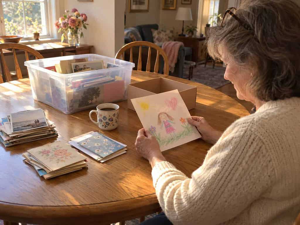A woman in her 60s sitting at her kitchen table smiling at a child's crayon drawing, with a keepsake bin and a small box in front of her